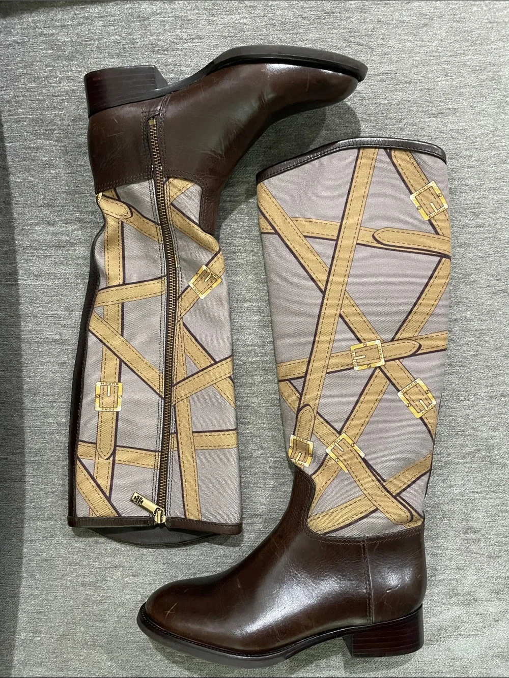 Tory Burch FELIX Riding Boots Brown Leather Equestrian Print Fabric Zip Size 5